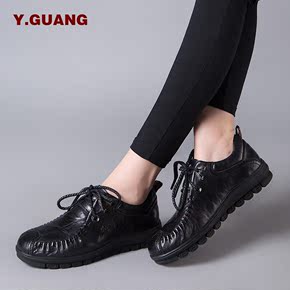 Y．Guang阳光女鞋 牛皮系带女单鞋 妈妈鞋平跟软底舒适真皮妈妈鞋