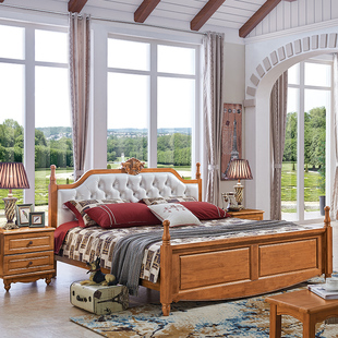北欧简易实木床1.8米双人床简约现代1.5米大床成人真皮床婚床