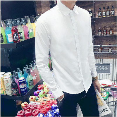 韩版薄款男士长袖白衬衫休闲修身大码纯色白寸衫商务工装职业正装