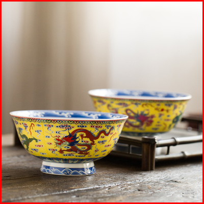 景德镇高脚骨瓷粉彩米饭碗龙纹碗仿古碗餐具中式陶瓷寿碗定制回礼