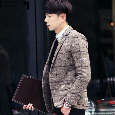 秋季韩版修身男士小西装英伦青年格子上衣西服休闲男装外套单西潮