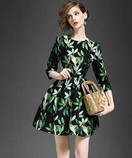2016年春季新款欧美树叶提花百搭七分袖修身显瘦连衣裙