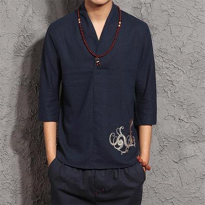 中国风唐装男青年中式棉麻上衣亚麻改良汉服和服男短袖居士服夏季