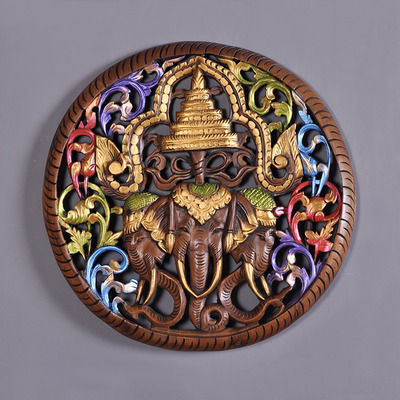 泰国雕花板 挂件 东南亚手工泰国柚木木雕 墙饰 象鼻财神雕板