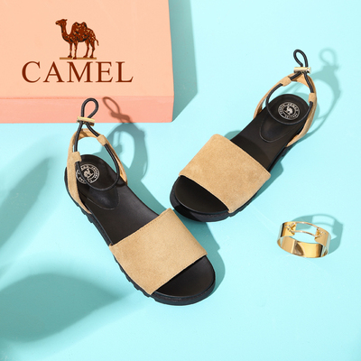 Camel/骆驼官方旗舰店女鞋 休闲韩版绒面凉鞋平跟可调松紧带凉鞋