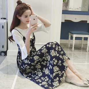 2017夏季新款套装两件套长裙女潮学生韩版气质雪纺碎花吊带连衣裙