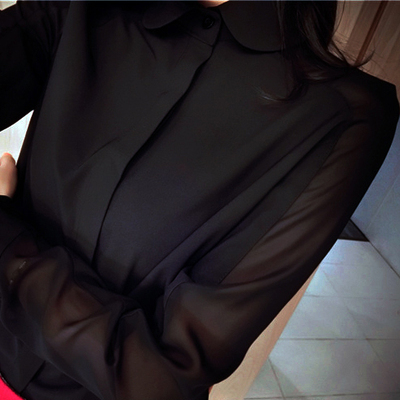 韩版时尚专柜品质性感透明拼接雪纺娃娃领黑色百搭衬衫长袖衬衣女