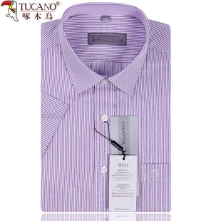 啄木鸟夏季短袖免烫衬衫男商务英伦休闲薄款正装青年条纹紫色衬衣