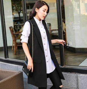 2016秋夏韩版无袖中长款西装领坎肩背心 修身显瘦大码女马甲外套