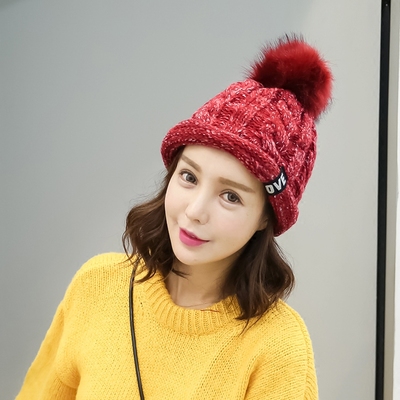 韩版针织帽盆帽女士混色加绒毛线帽毛球护耳帽毛球冬季帽双层加厚