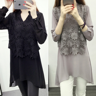2016秋季韩版新款加大码女装蕾丝中长款连衣裙胖妹妹雪纺打底衫