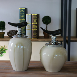 新中式浅色陶瓷天然牛角摆件花瓶会所过道玄关餐厅电视柜工艺品