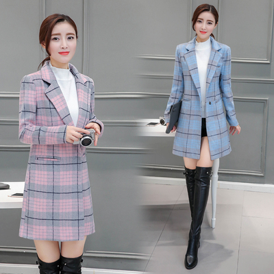2016秋冬装新款韩版格子毛呢外套女士长袖中长款修身显瘦呢子大衣