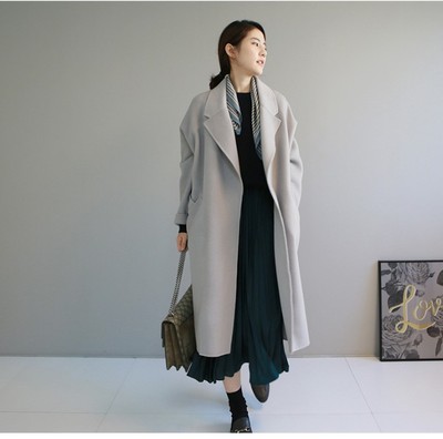 2016秋装新款韩版毛呢外套修身显瘦收腰一字领系带中长款呢子大衣