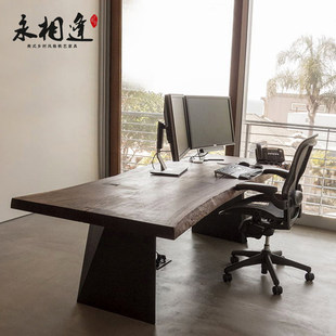 铁艺现代简约大班台原木电脑桌办公会议桌面板实木大板茶桌餐桌