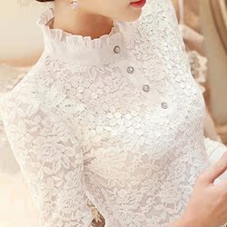 2016韩国秋冬款加绒加厚打底衫大码显瘦蕾丝衫修身立领衬衣服女式