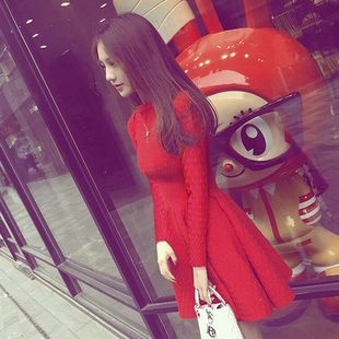 2016秋冬季新款女装明星同款修身收腰针织红色长袖中长款连衣裙潮