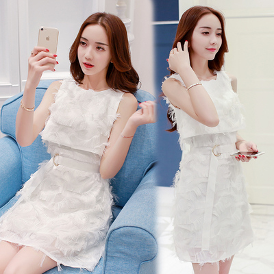 2017夏季新款韩版女装无袖气质白色流苏羽毛腰带连衣裙夏短裙裙子