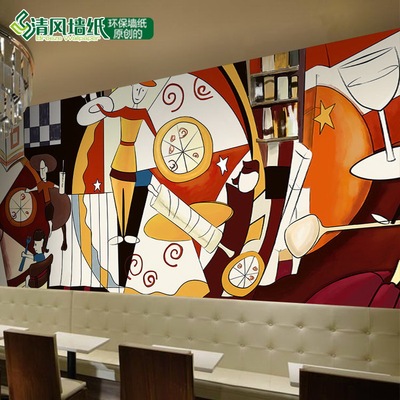 欧式抽象艺术pizza披萨大型壁画奶茶面包店西餐厅咖啡厅墙纸壁纸