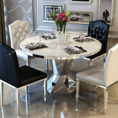 不锈钢时尚简约大理石餐桌钢化玻璃圆餐台宜家小户型餐桌餐椅组合