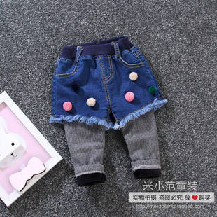 女童装秋冬装假两件韩版儿童牛仔裤女宝宝加绒加厚长裤子1-2-3岁
