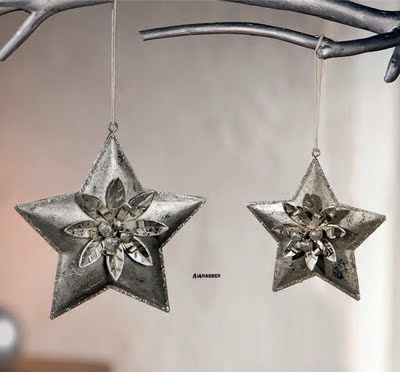 出口铁质银光闪烁五星圣诞挂饰套装 欧式复古圣诞小风铃挂饰吊饰