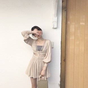 FLO.米杏色灯笼袖镂空连衣裙女夏2017新款韩版学生显瘦裙子防晒衫