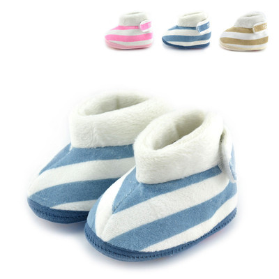 0-6个月新生婴儿冬季护脚套棉布鞋宝宝魔术贴防掉鞋bb条纹毛绒鞋
