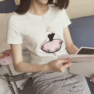 夏季韩国女装印花卡通白色t恤女学生短袖上衣修身显瘦半袖闺蜜潮