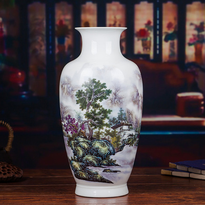 景德镇陶瓷器 粉彩山水大花瓶 简约现代台面装饰品客厅工艺品摆件