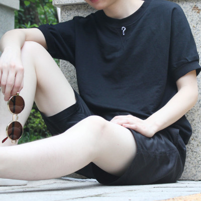 2016夏季问号刺绣中性t恤男式短袖修身潮纯色圆领半袖情侣装