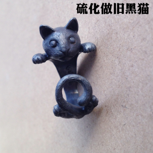 巧魂原创 纯手工雕刻小动物纯银戒指可爱猫咪戒指开口指环 包邮