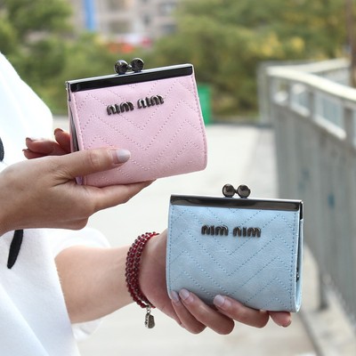 韩版新款M字母小钱包 车缝线复古板扣小夹子短款女士钱包零钱包