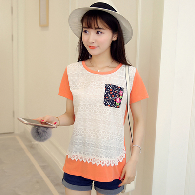夏季新韩版款圆领刺绣蕾丝拼接短袖休闲打底衫上衣T恤女