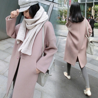 2016冬装新款韩版大码女装廓型宽松粉色中长款毛呢大衣呢子外套潮