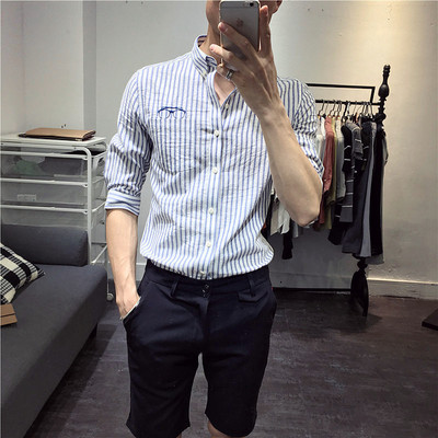 夏季新品韩版修身男士条纹中袖衬衣水洗棉麻刺绣五分袖衬衣男潮