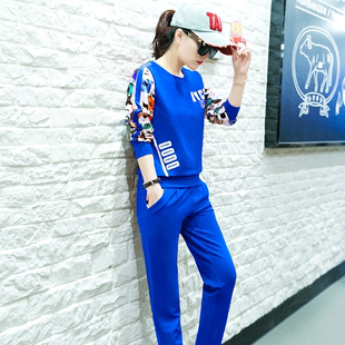 休闲运动套装2016韩版秋季长袖圆领修身印花卫衣运动服时尚两件套