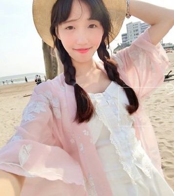 2017韩国女装主推日系少女风刺线花朵超美的防晒雪纺开衫小外套特