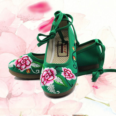 老北京布鞋女鞋女童绣花鞋民族风布鞋女蓝色绿色结婚鞋新娘鞋子