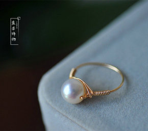 原创设计手工绕线14k包金戒指大颗正圆天然珍珠戒指白色无暇