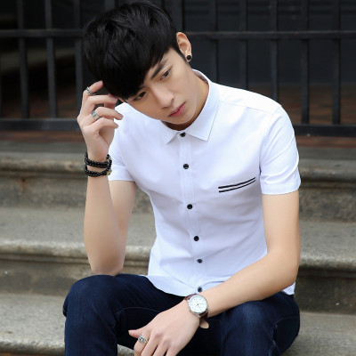 夏季白色男士短袖衬衫韩版潮流修身型学生衬衣青少年休闲夏装男款