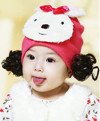 韩国女童秋冬季套头帽 婴儿假发帽子女宝宝公主帽 针织帽1-2岁包