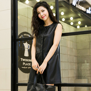 2016新款韩版皮衣女外套中长款皮连衣裙PU皮无袖风衣修身上衣潮