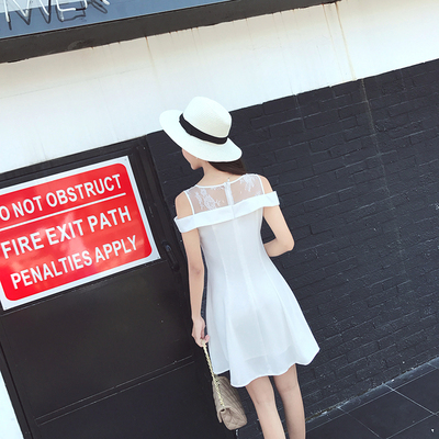 ◆SZ◆2017夏装新款蕾丝拼接小白裙 显瘦性感一字肩短裙连衣裙女