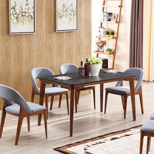 餐厅家具吃饭桌子方桌小户型北欧火烧石餐桌长方形实木餐桌椅组合