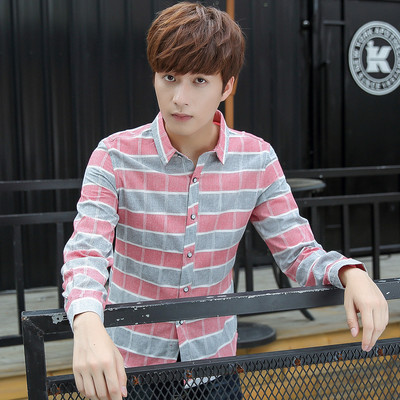 男士格子衬衫长袖秋季韩版修身时尚衬衣青少年潮流男装