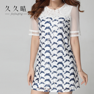 2016夏季韩版新款印花蕾丝拼接时尚连衣裙修身显瘦蕾丝裙子大码裙