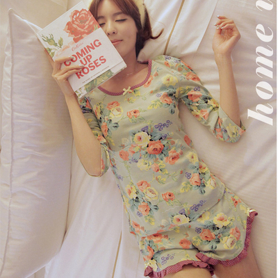 韩国PINK中袖纯棉睡衣女 春夏季薄款碎花可爱甜美短裤家居服套装