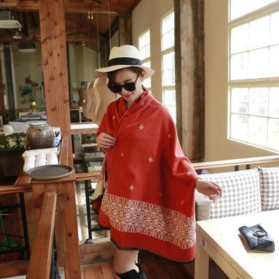 韩版秋冬季仿羊绒民族风围巾 双面两用超长加厚保暖空调女披肩