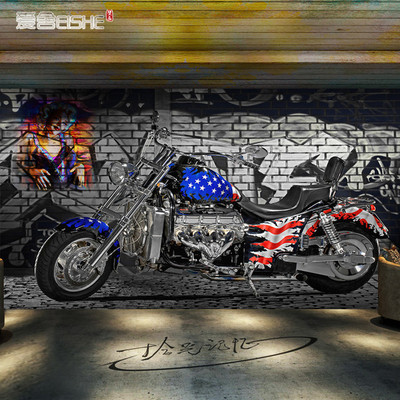 美国国旗摩托车背景墙壁纸复古怀旧餐厅酒吧ktv个性墙纸大型壁画